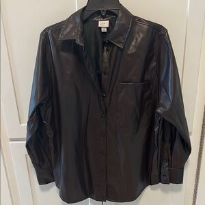Dark brownFaux Leather Button-Up Shirt